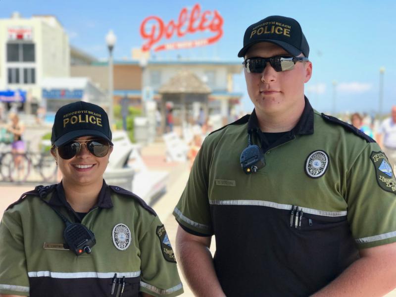 Rehoboth Beach Police Department seasonal officers Kaitlyn Carpinone, left, and Daniel Godwin are part of a 22-member seasonal corps. Carpinone received her degree in criminal justice at State University of New York in Oneonta. Godwin is working on his degree in emergency management at Del Tech’s Terry Campus. Police Chief Keith Banks says the primary role for police officers in Rehoboth Beach is as “ambassadors for the city.” DENNIS FORNEY PHOTO