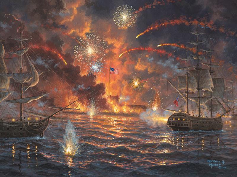 Abraham Hunter depicted the 1814 bombardment of Fort McHenry in this painting titled “Rockets Red Glare,” completed in 2016. The innovative Congreve rockets illustrated in this painting had been used the year before in the bombardment of Lewes. Prints of the painting are available through Infinity Fine Art in Pigeon Forge, Tenn.