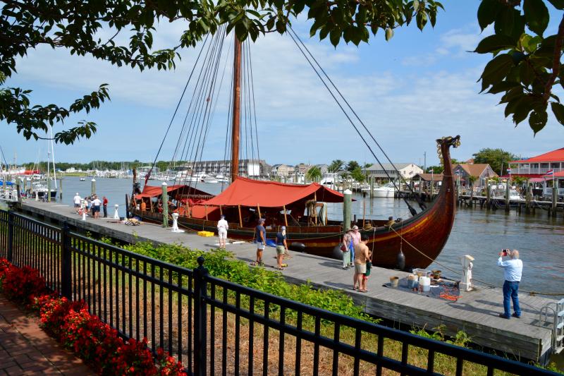 On its way to Ocean City, Md., the historic 115-foot replica Viking ship Draken made an unscheduled stop in Lewes Aug. 20. Sailing south from Long Island, favorable northeast winds put the ship ahead of its scheduled time to dock in Ocean City requiring a stop in Lewes. RON MACARTHUR PHOTO