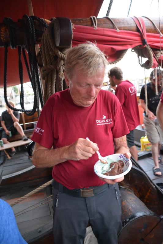 Capt. Bjorn Ahlander has a mixture of chocolate and mint chocolate chip King’s ice cream. He said he was overwhelmed by the outpouring of generosity and interest from Lewes residents. RON MACARTHUR PHOTO