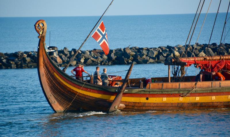 With the Norwegian flag flying, Draken leaves Lewes Aug. 22 via Roosevelt Inlet. RON MACARTHUR PHOTO