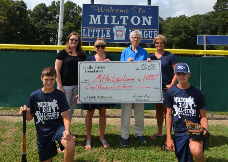 Milton Little League check presentation attendees shown are in back (l-r) Gallo Gives Foundation members Adriane Gallagher, Taylor Wilkinson and Lana Warfield, and Kristen Joseph, Milton Little League treasurer. In front are Mitch Joseph and Gage Joseph from the 11-12-year-old All-Star team. SUBMITTED PHOTOS