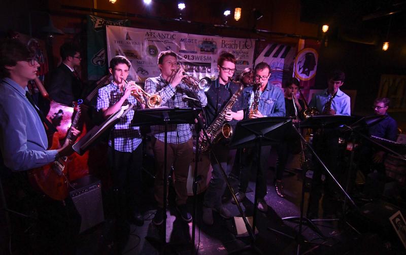The Cape Henlopen High School Jazz Band performs Oct. 10 at Bethany Blues as part of the 6th annual True Blue Jazz Festival. Shown are ( l-r) Liam Wiedmann, Lee Hoffmann, James Wisely, Andrew Ludwig, Noah Sutton, Kenny Shade-Rania, Will Kaier (back, behind Kenny), Vicki Stein, Will Warick and Marcus Gromfsky. DAN COOK PHOTO