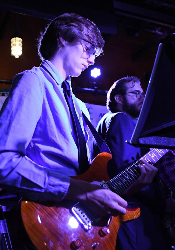 Liam Wiedmann, left, and Cody Leavel play with the Cape Jazz Band during their performance at the Youth Jazz Appreciation Night at Bethany Blues Wednesday, Oct. 10. DAN COOK PHOTO