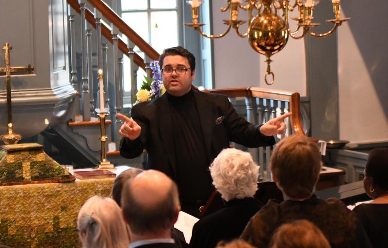Jackson Borges, director of music at All Saints’ Church and St. George’s Chapel, directs a hymn during The People’s Jazz Mass at St. George’s Chapel Sunday, Oct. 14. DAN COOK PHOTO