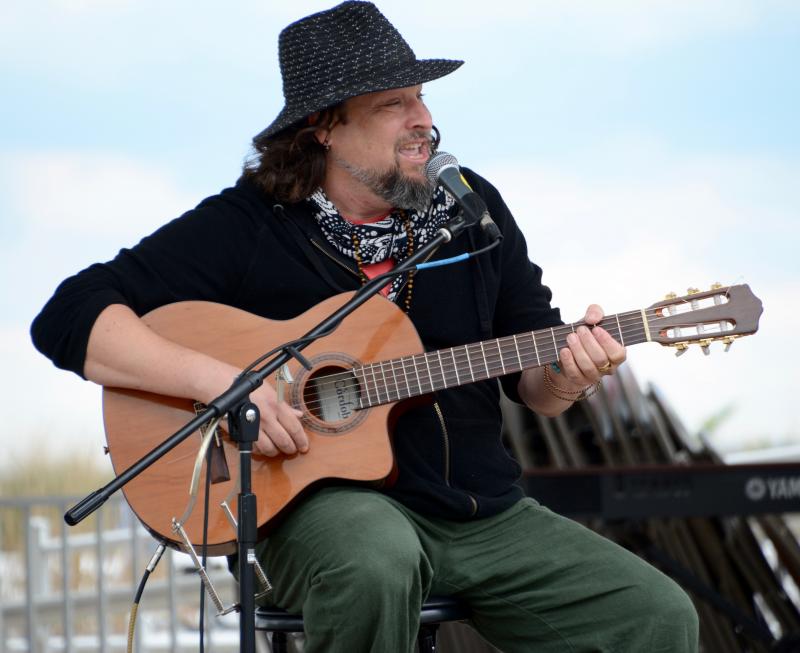 Lipbone Redding, a featured True Blue Jazz Festival performer, gives the audience a sneak peak of his one-man-band act on the Rehoboth Beach Bandstand. RON MACARTHUR PHOTO
