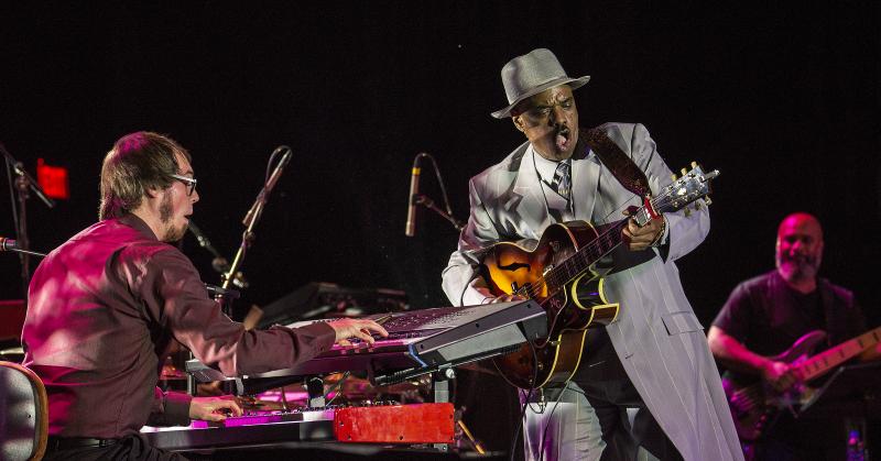 Nick Colionne plays energetically with his keyboardist at the opening of the Jazz Festival at Cape Henlopen High School. DENY HOWETH PHOTO
