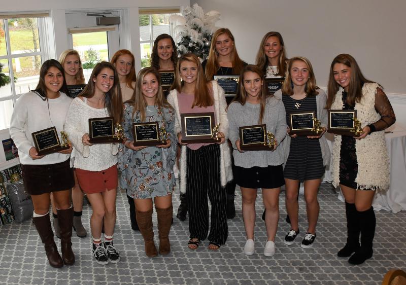 The 2018 Cape Henlopen field hockey award winners in back are (l-r) Darby Klopp, Maci Long, Jackie Cannon, Amanda Sponaugle and Marcella Sabbagh. In front are Anna Stancofski, Emily Monigle, Cameron Smith, Alia Marshall, Anna Harrington, Marlee Geppert and Taylor Smith. Missing from the picture is Reagan Ciabattoni. DAN COOK PHOTOS