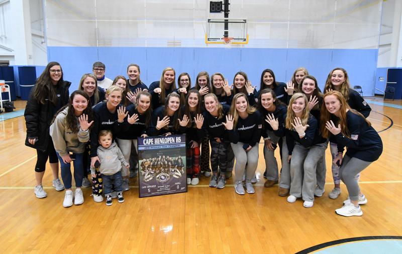 The 2018 DIAA State Champion field hockey team was presented with their championship rings at halftime of the boys’ game. Shown in back are (l-r) coach Kate Austin, coach Shannon Timmons, coach Deb Windett, Samantha Conners, Marcella Sabbagh, Amanda Sponaugle, Bella Conte, Haley Craig, Marlee Geppert, Taylor Smith, Anna Stancofski, Julie Heffernan, Reagan Ciabatonni and Ella Rishko. In front are Lola Messick, Jackson Austin, Darby Klopp, Anna Harrington, Alia Marshall, Emily Monigle, Lee Lee Wilson, Cami Smith, Jackie Cannon, Noelle Sabbagh and Macy Long.