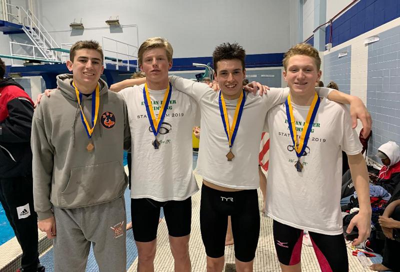 The Indian River 200 freestyle relay team of (l-r) Michael Barnes, Mitch McGee, Max Kohr and Will Douds took third with a time of 1:30.67. They are the first Indian River swimmers to reach the podium in the history of the DIAA swim championships.