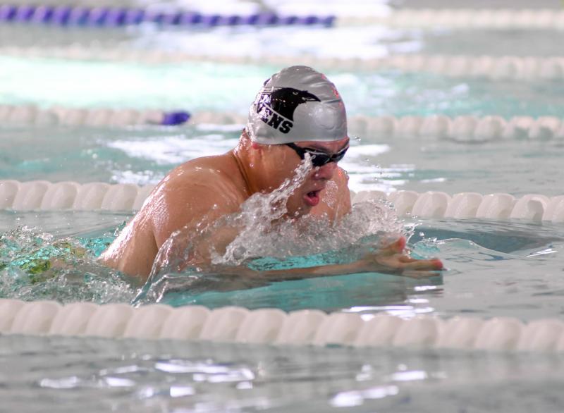 Sussex Tech’s Jonathan Lee swims the breaststroke leg of the winning medley relay squad. He also took top honors in the 100 breaststroke in 1:03.22.