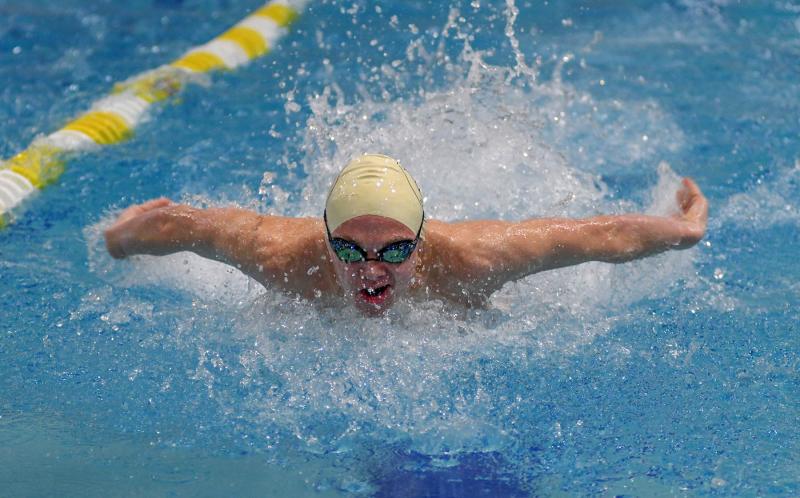 Sussex Academy’s Trey Mitchell swims to 12th place in the individual medley with a time of 2:06.28.