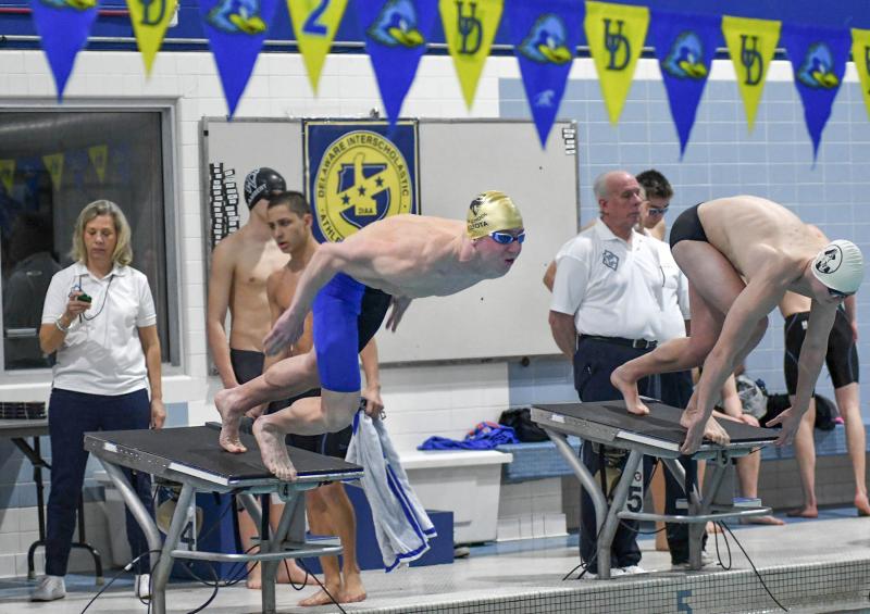 Milford’s Ben Sobota leaves the blocks in the 50 free. He finished 10th with a time of 22.64.