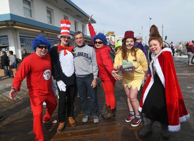Gov. John Carney poses with the Dr. Suess characters. Shown are (l-r) Jeremy Coleman, Meghan Aiken, Gov. Carney, Rhonda Figueroa, Kelley Coleman and Veronica Figueroa. DAN COOK PHOTO