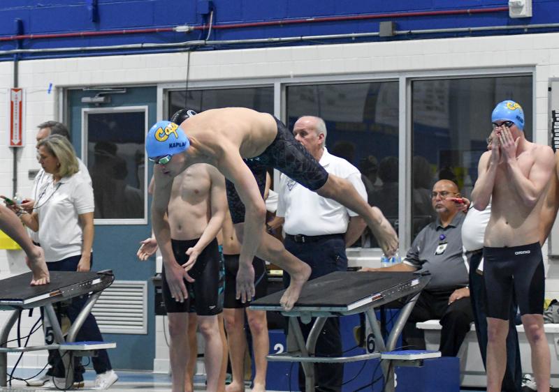 Cape’s Dylan Kaplan leaves the blocks in the 200 free relay.