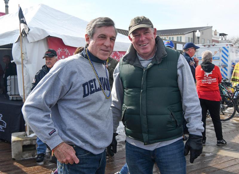 Delaware Speaker of the House Pete Schwartzkopf, right, poses for a picture with Gov. John Carney before the Polar Bear Plunge. DAN COOK PHOTO