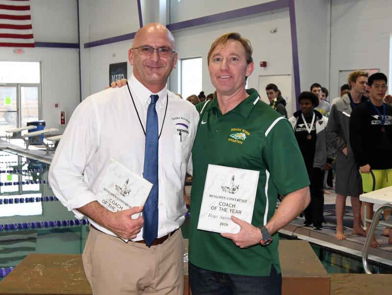 The 2019 Girls’ Coach of the Year was Sussex Academy’s Tom Martiner, left, and the Boys’ Coach of the Year was presented to Indian River’s Colin Crandell.