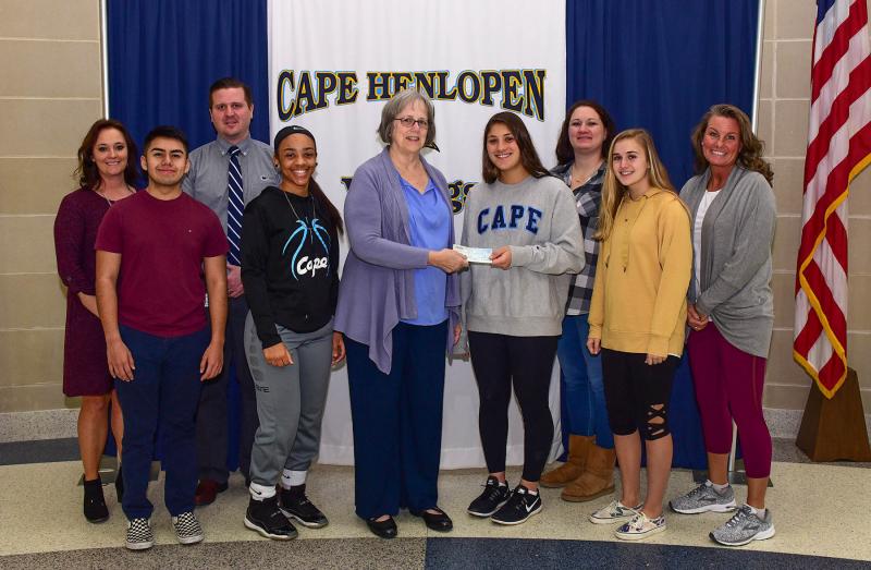 Shown are (l-r) Cape High Principal Nikki Miller, Class of 2020 Vice President Braulio Luis, Vice Principal Kyle Bentley, Class of 2020 Treasurer Dania Cannon, The Ridings of Rehoboth community representative Susan Koenig, Class of 2020 Anna Stancofski, Class of 2020 co-advisor Ryan Ellis, 2020 Secretary Sky Dunmyer and Class of 2020 co-advisor Jenn Hagan.