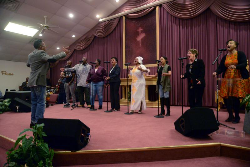 The TFCC Ensemble, under the direction of Andre Jones, had the church on its feet. Shown are (l-r) leader Andre Jones, Tony Harris, Lloyd Griffin, Wescenia Wise, Yvonne Kennedy, Lu Dickerson, Michele Rideau, Teri Dukes and Jymace Wescott. TFCC Black History
