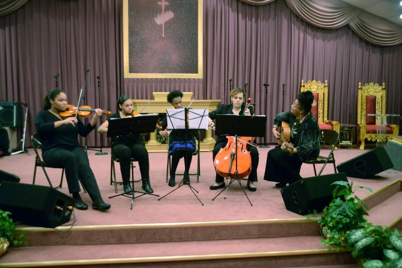The Sankofa Strings are (l-r) Danielle Rodgers, Jada Clark, Mia Peacock, Jennifer Clark and leader Christy Taylor. TFCC Black History