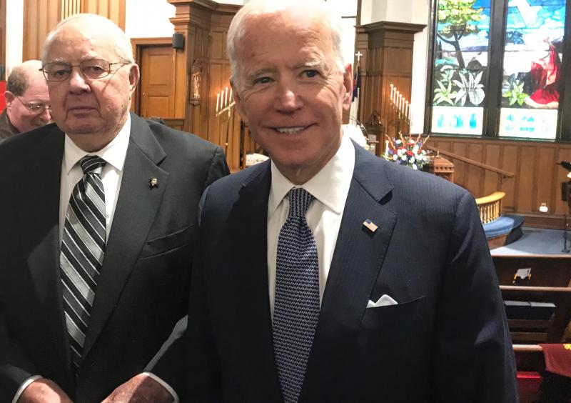 Former Vice President Joe Biden, right, was able to connect with former Delaware Sen. Richard Cordrey at Dave Truitt’s funeral. Cordrey, a Millsboro Democrat, represented the 20th Senatorial District for 24 years and still holds the record as the longest-serving leader - 18 years - of the Delaware senate - President pro tempore - in state history. DENNIS FORNEY PHOTO