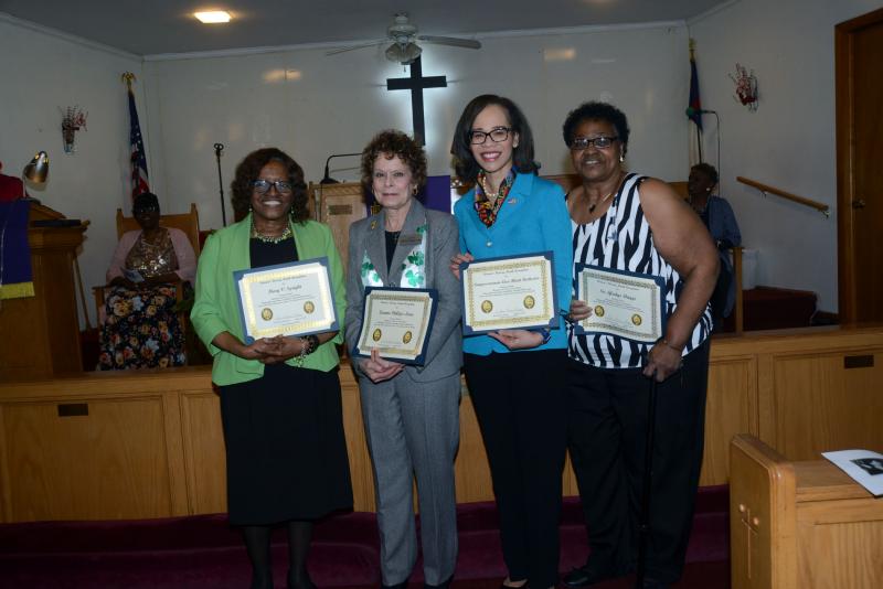 Shown with their certificates reading, ”Visionary Women, Champions of Peace and Non-Violence, Sharing Gifts through Collaborations Across the State of Delaware in Kent, New Castle and Sussex Counties” are (l-r) Mary Speight, Leeanne Phillips-Lowe, Congresswoman Lisa Blunt Rochester and Sister Gladys Briggs. Not shown is The Hon. Judge Marcealeate Stephens Ruffin. Mt Calvary Women’s Month
