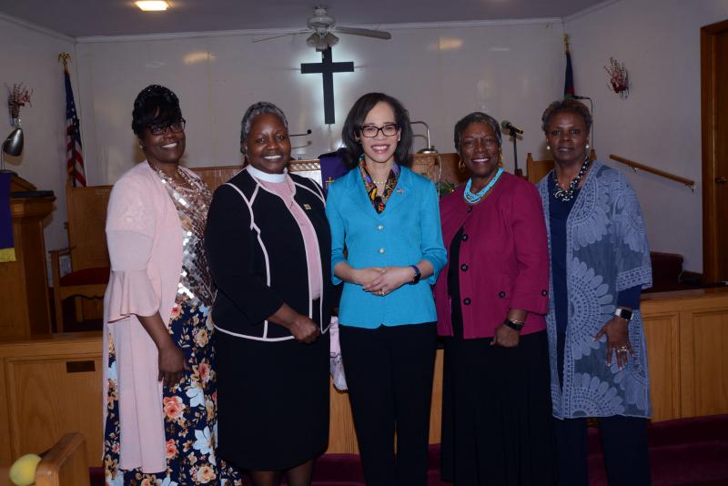 Church leaders gather with Congresswoman Lisa Blunt Rochester for a photo. Shown are (l-r) the Rev. Jean Briggs, Mt. Calvary Associate Minister; the Rev. Dr. Iola Williams, Bethel AME; Congresswoman Blunt Rochester; the Rev. Idola Batson, Mt. Calvary minister, and the Rev. Janet Maull-Martin, Prospect AME. Mt Calvary Women’s Month