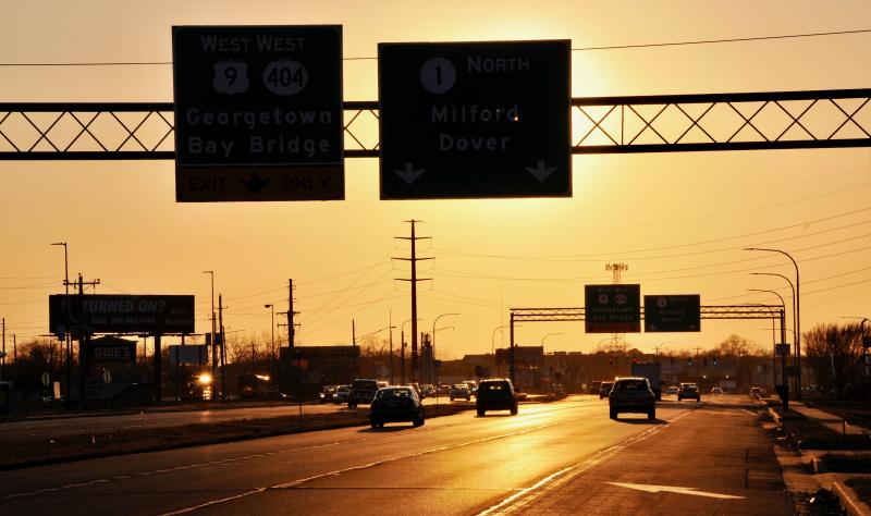 The sun sets on another busy day on Route 1 in the Lewes-Rehoboth Beach corridor, one of the busiest roadways in the state. RON MACARTHUR PHOTOS