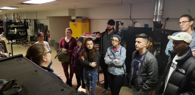 Delaware Tech communications students visit The Cube at Movies at Midway in Lewes. Shown are (l-r) Camryn Schatzman, Olivia Tennefoss, Jana Ruark, Chris Parker, Savannah Swanson, Jim Roblero, Lauren Moon, Jack Kyritsis and Howard Mumford. Facing them is Atlantic Theaters manager Brooke Lowe. SUBMITTED PHOTO