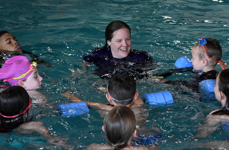 Jessica Hart, a 2000 Cape grad and former Vikings swim team member, speaks to a group about the importance of water safety.