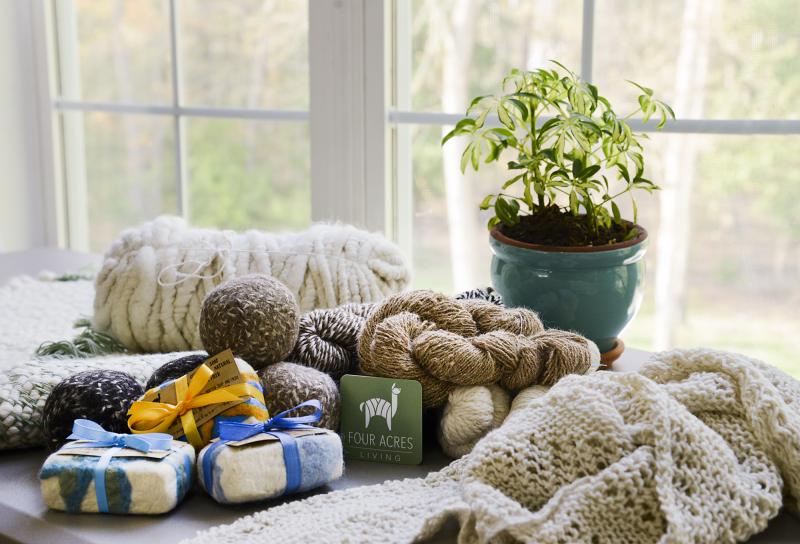 Some of the products that are available are felted soap - alpaca fiber is felted on to natural sea salt goat milk soap from a farm in nearby Maryland. Dryer balls soften clothes and reduce static. Rugs and shawls, and of course the soft alpaca yarn.