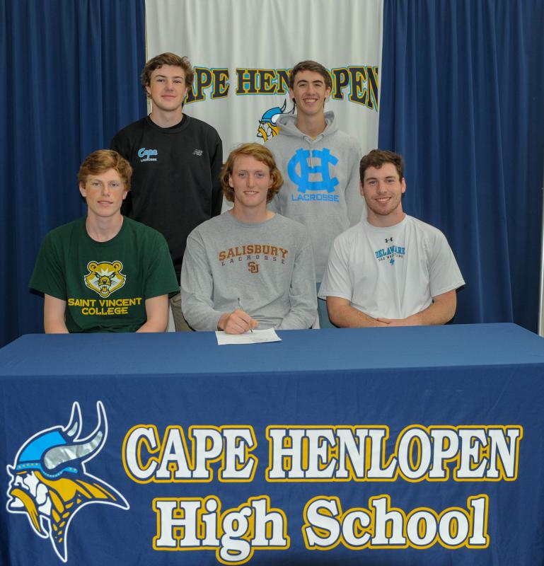 Jack Dennis will move on to Salisbury University to play lacrosse. Shown in back are lacrosse captains (l-r) J.P. Heid and Luke D’Ambrogi. In front are Brody McMahon, Dennis, and Billy Ott.