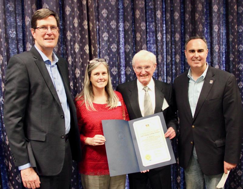 Sen. Ernie Lopez, far right, presents a Delaware Senate Resolution celebrating Other Lifelong Learning Institute’s 30th birthday. Also on hand for the gathering are (l-r) George Irvine University of Delaware’s interim associate vice provost; Anna Moshier, manager of Osher Learning Centers in Delaware; and Bill Sharkey,council chairman for OLLI in Lewes. DENNIS FORNEY PHOTOS