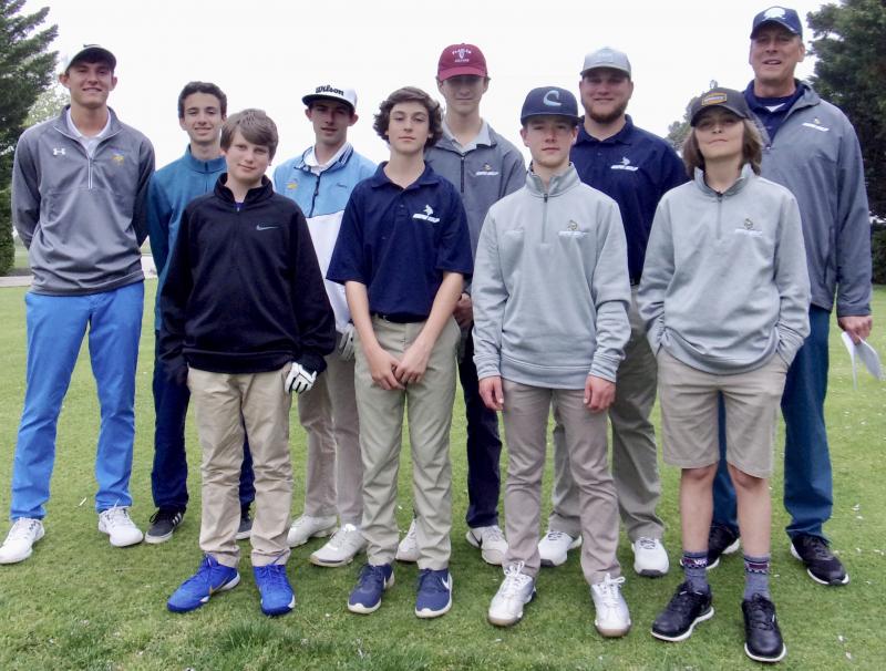 The 2019 Cape Henlopen High School golf team includes in back (l-r) Dane Palmer, Nick Vitolo, Reed Jones, Saxon Kalb, Jonah Robertson, and head coach Rob Harrod. In front are Jeremy Trost, Tommy Burn, Seth Reynolds, and Flynn Kalb. Not pictured are Ryan Griffith, Anthony Koot, Quinn McCullough, Ben Skelley, Connor Wall, assistant coach Sam Purple, and volunteer coaches Claudio Smarrelli and Fritz Schranck. FRITZ SCHRANCK PHOTO