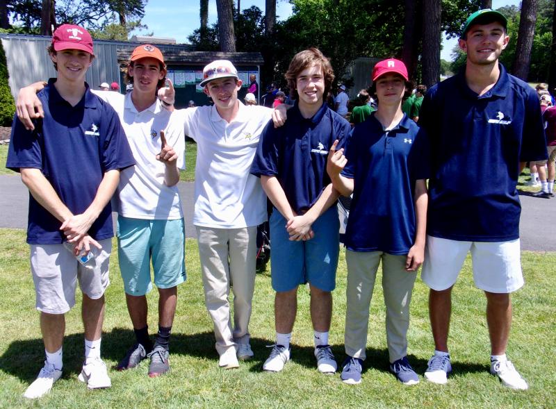 A happy group of Cape Henlopen golf team members gather at the May 21 Henlopen Conference tournament. The Vikings played their way into the state championships next week at Cripple Creek. Shown are (l-r) Dane Palmer, Tommy Burn, Quinn McCullough, Reed Jones, Ben Skelley and Saxon Kalb. FRITZ SCHRANCK PHOTOS