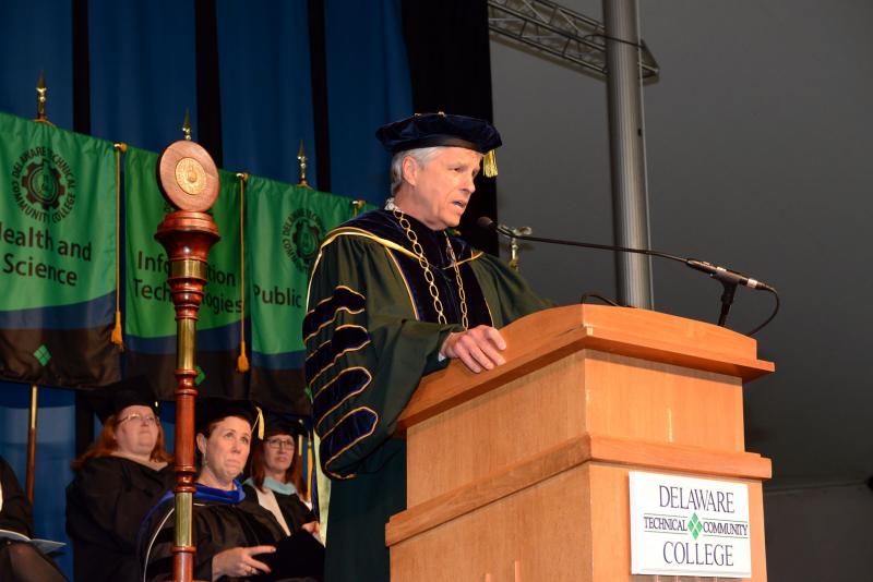 Del Tech President Dr. Mark T. Brainard addressed the class of 2019, urging them to thank everyone for their support. That includes family, friends and the faculty and support staff of the college. Steven Billups photos Del Tech Commencement