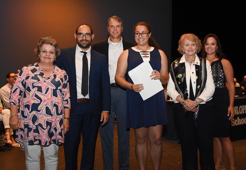 Jasmine Mayo, center, is shown with (l-r) Diane and Nick Albanse of the Saienni and Albanese Scholarship, Cape Superintendent Bob Fulton, Carole Suchanek of Village Improvement Association and Cape Principal Nikki Miller.