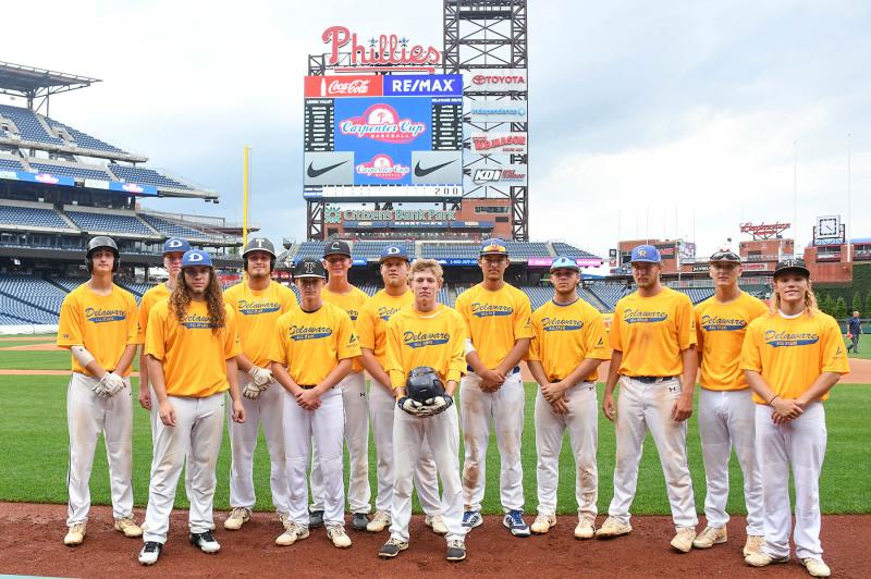Delaware South representatives from the Henlopen Conference were (l-r) Sussex Tech’s Jason Shockley, Dover’s Nathan Turner, Dover’s Alec Rodriguez, Sussex Tech’s Ethan Ward, Sussex Tech’s Alex Adams, Cape’s Robbie Baxley, Dover’s Michael Carrington, Cape’s Luke Smailer, Caesar Rodney’s Brandon Hatch, Dover’s Dominic Velazquez, Caesar Rodney’s Ryan Rigby, Milford’s Dylan Layton and Sussex Tech’s Bobby Locklear. Missing from the picture are Milford’s Brock Hilligoss and Chad Reichhold, and Sussex Tech’s Matt Warrington who were pitching in the bullpen.