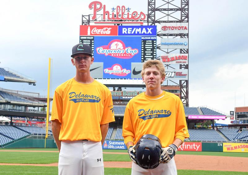 Cape junior Robbie Baxley, left, and recent grad Luke Smailer represent the Vikings in the 34th annual Carpenter Cup at Citizens Bank Park in Philadelphia. DAN COOK PHOTOS
