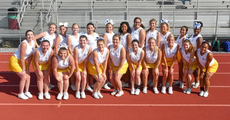 Representing the Gold cheerleading squad in back are (l-r) Mackenzie Lucas (Delmar), Megan Cotter (Sussex Central), Shayna Dashiell (Delmar), Bri Reynolds (Milford), Alexis Reynolds (Laurel), Bari Phillips (Smyrna), Jasmine Mayo (Cape Henlopen), Camaryn Timblin (Smyrna), Tori Hibbard (Middletown), Eliana Prado (Middletown) and Dearah Anderson-Harrison (St. Georges). In front are Allison Johnson (Delmar), Marissa LeCates (Laurel), Marissa Perdue (Laurel), Tori Shaner (Indian River), Lauren Grow (Indian River), Haley Pagden (Milford), Shelby Miller (Smyrna), Mackenzie Collins (Lake Forest), Madison Killen (Indian River), Alynda LoRusso (Middletown) and Cierra DePrisco (Lake Forest).