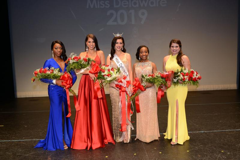 Miss Delaware 2019 Hillary May is surrounded by the top four contestants. Shown are (l-r) fourth runner-up Kaylynn Pride, second runner-up Selena Barnett, May, first runner-up Nia Andrews, and third runner-up Victoria Muir. Miss Delaware 2019