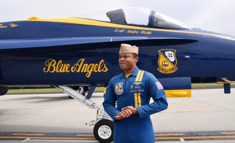 Blue Angels pilot Lt. Comm. Andre Webb, one of six for this year’s demonstration team, answers questions during media day.