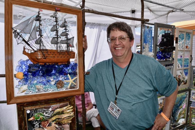 Ed Symonds of Landscape Glass Works in West Virginia creates montages using recycled wood for his frames and items such as shells, glass pieces and driftwood.