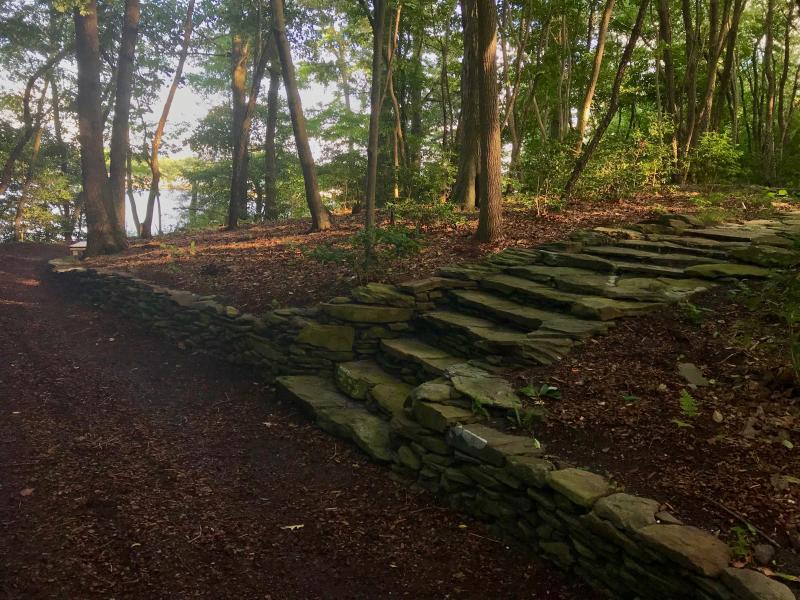 The pathway through the woodland garden leading to Pepper Creek includes a stone-stepped hill as an attractive vantage point.