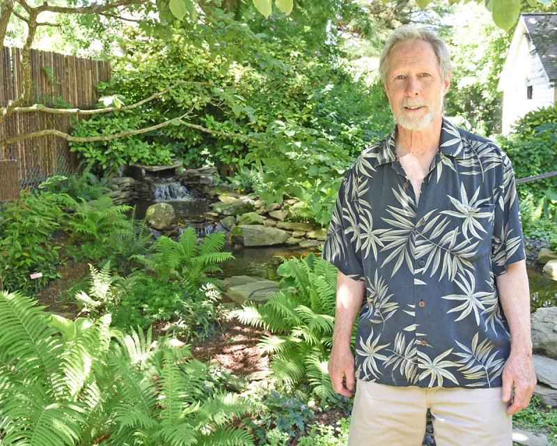 Steve Walker stands in front of the waterfalls and stream he created over the last year at his Kings Highway home.