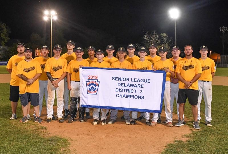 The District 3 Senior League Champions are in back (l-r) manager Steve Mariner, Trevor Mauzy-Severn, Tyler Hollins, Andrew Gardner, Sam Kerstetter, Ryder Robinson, Braeden Davis, Mason Cathell and Jackson Mariner. In front are coach Mike Pawlowski, Cole Windish, Jarret Wilkins, Blake Pawlowski, Caleb Locklear, Nick Campbell, Nathan Austin and coach Allen Austin. DAN COOK PHOTOS