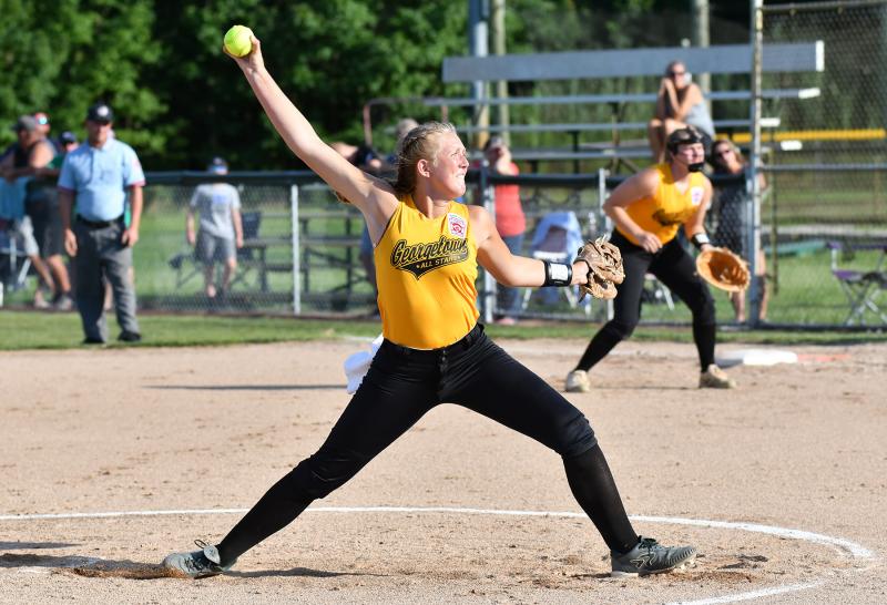 Georgetown/Cape/Lower Sussex pitcher Morgan Bomhardt delivers to the plate in the 2-1 loss to Laurel/Millsboro/Nanticoke.