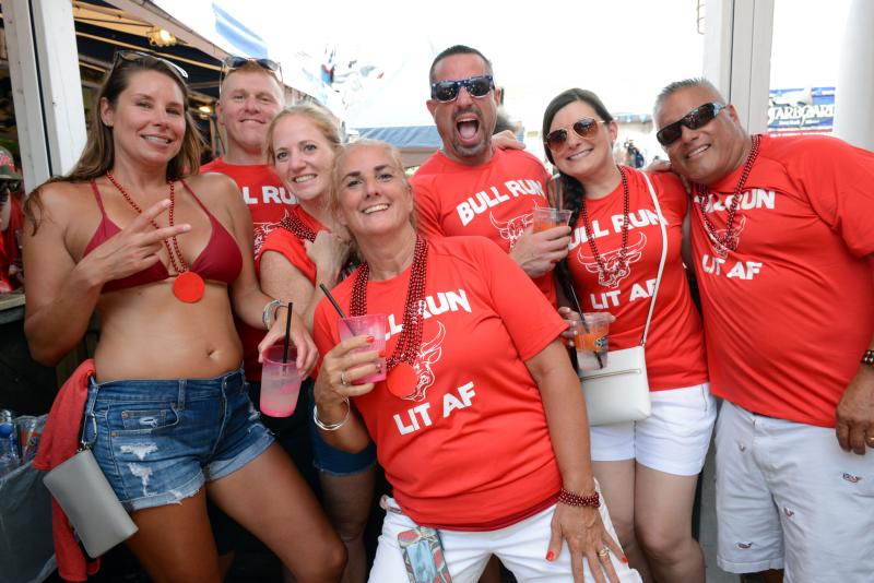 Enjoying the hours leading up to the Running of the Bull are (l-r) Gia Raines, Brian Casper, Barbie Caspar, Karen Terzaghi, Joe Fortunato, Lauren Fortunato and Sean Terzaghi. Running of Bull 2019