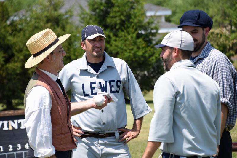 Meeting to discuss the ground rules are (l-r) umpire, or arbiter, John Medkeff, Mike DiPaolo and Anthony DeFrancsico from Lewes and Matt Bartnicki from Diamond State.
