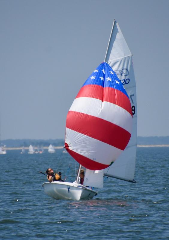 Isabella Webb and Skylor Sweet of North East River Yacht Club stand out with a red-, white- and blue-starred spinnaker.